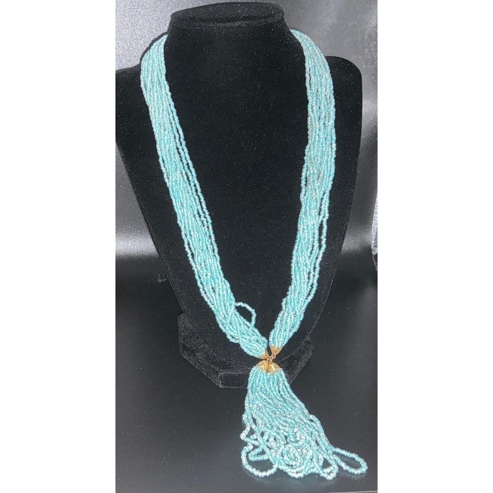 Delicate Turquoise Seed Bead Tassel Necklace Boho Gold Tone Dangle